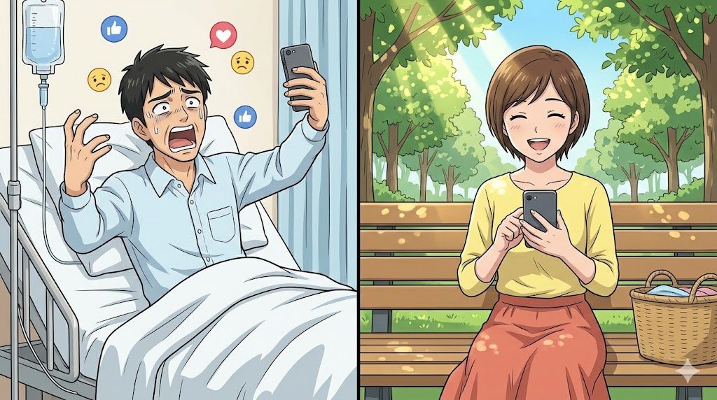 SNSに点滴画像をアップして注目を集めようとする男性と、その投稿をミュートして自分の時間を楽しむ女性