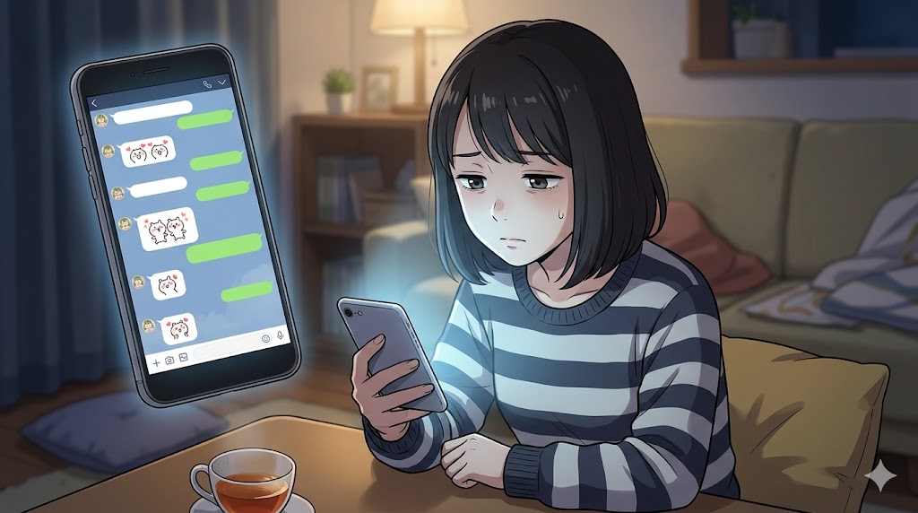 かまちょ彼氏からの大量のLINE通知に疲れ、スマホを見てため息をつくアニメ風の日本人女性。夜の部屋で、画面には大量のチャットバブルやスタンプが表示されている