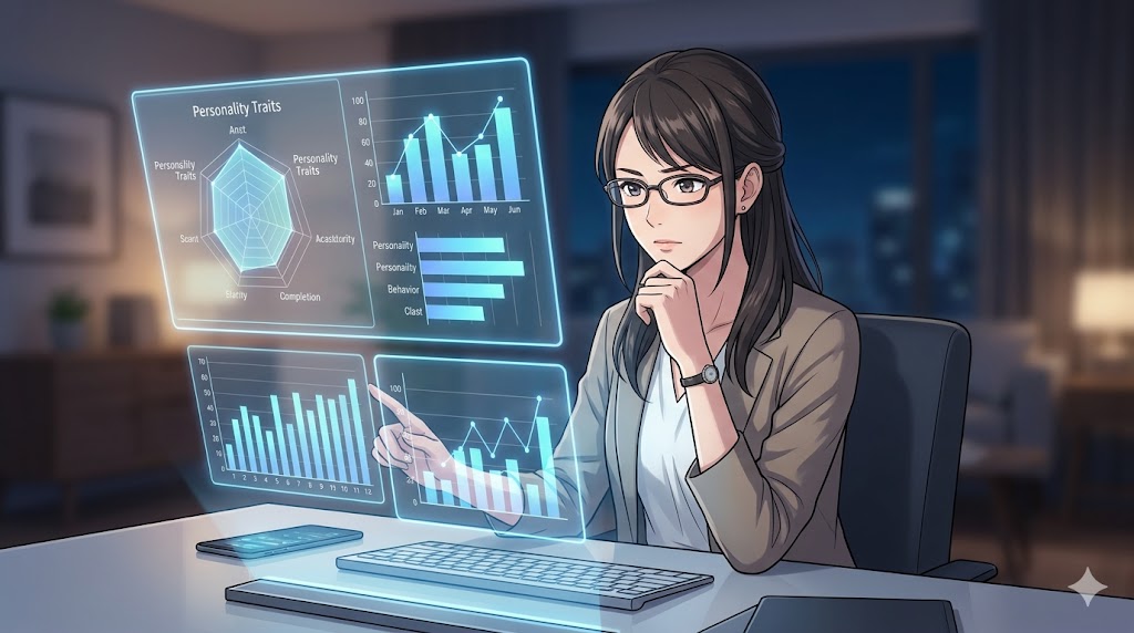 かまってちゃんの心理的特徴や行動パターンを、ホログラムチャートやデータを用いて分析する日本人女性研究者