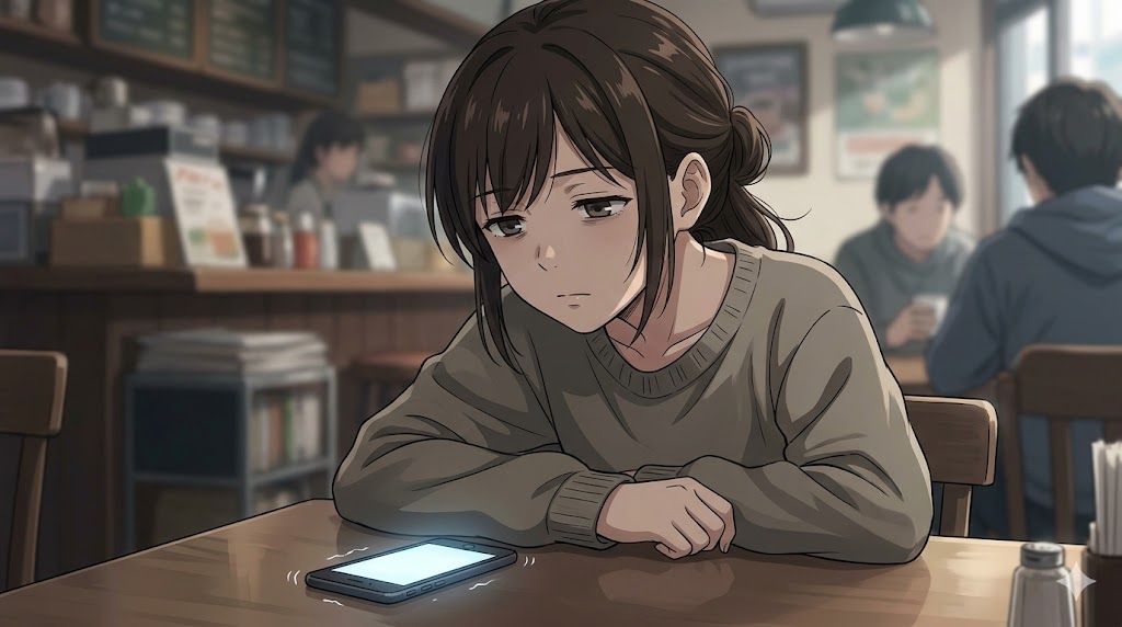 かまってちゃん女友達の過剰なアピールに疲れ、カフェでげんなりする日本人女性