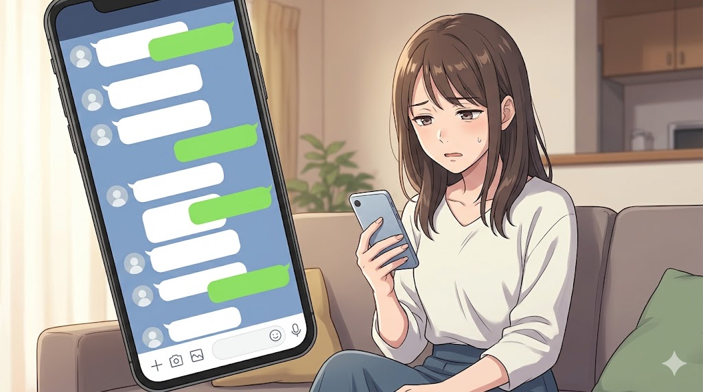 かまってちゃん彼氏の追撃LINEに困惑する女性のアニメイラスト。スマートフォンには未読メッセージが並んでいる