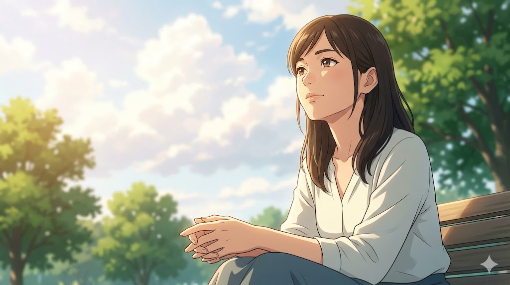 かまってちゃん旦那との関係に区切りをつけ、自分自身を取り戻す決意をした女性を描いたアニメ風イラスト。晴れた公園で穏やかな表情をしている