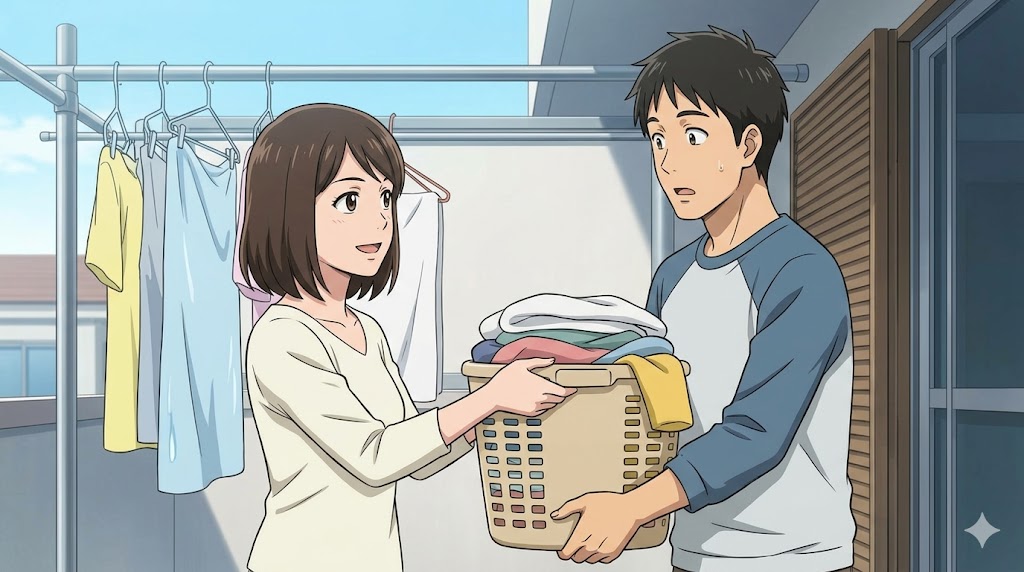 かまってちゃん旦那に家事を手伝ってもらう「お願い返し」を描いたアニメ風イラスト。妻が勇気を出して旦那に洗濯物を渡している