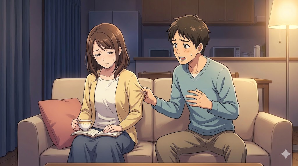 かまってちゃん旦那に疲弊する妻の様子を描いたアニメ風イラスト。リビングで旦那が妻の服を引き、妻が疲れ切った表情をしている