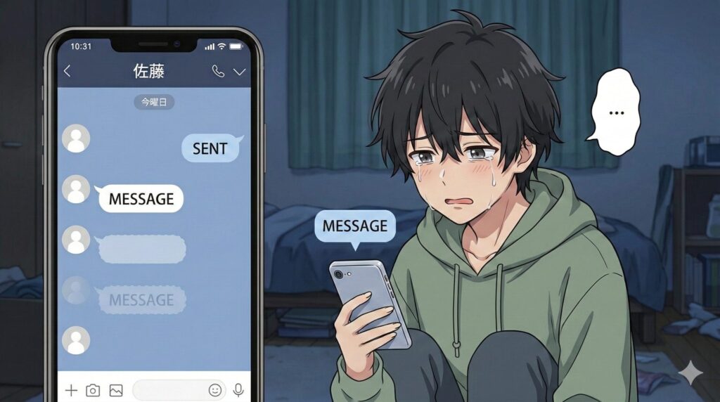 LINEのメッセージを送ってはすぐに「送信取り消し」をする、未熟でかまってちゃんな男性のかわいいアニメイラスト