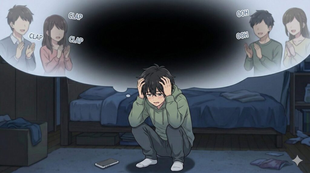 自己肯定感が低く、他人からの承認を絶えず求めて孤独を感じている、かまってちゃんな男性の深層心理を表すかわいいアニメイラスト