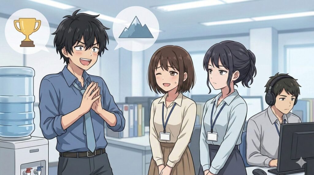 職場での自慢話や武勇伝を語るかまってちゃんな男性社員と、それを事務的にあしらう女性社員のかわいいアニメイラスト