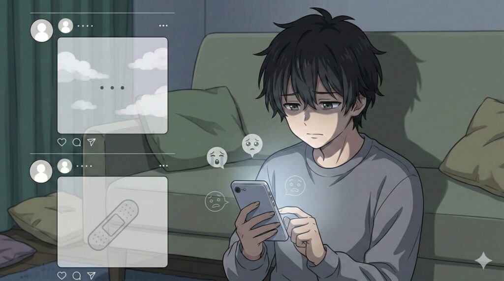 SNSで不幸な投稿をして他人の同情を引こうとする「サッドフィッシング」を行う、かまってちゃんな男性のかわいいアニメイラスト