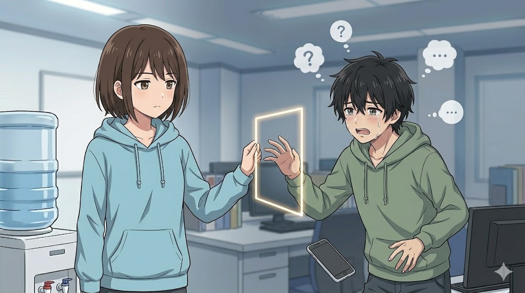 依存的なかまってちゃん男性に対して、適切な「境界線」を引いて自分を守る女性のかわいいアニメイラスト