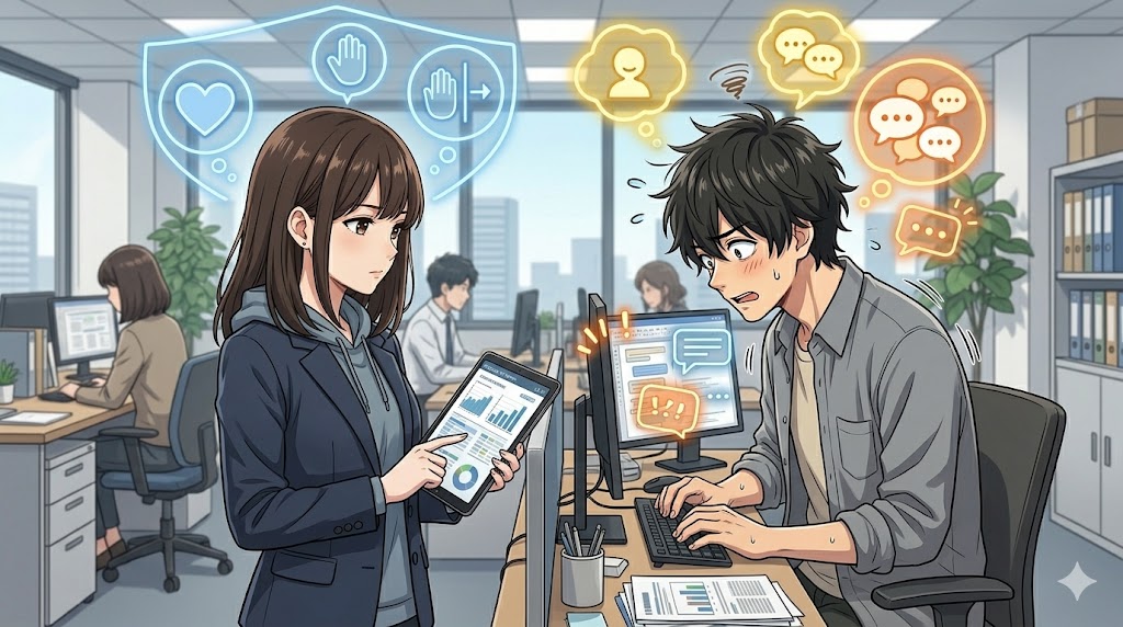 オフィスで、日本人女性社員が同僚の日本人男性に対して、プロフェッショナルな距離感を保ちながら毅然とした態度で接する様子