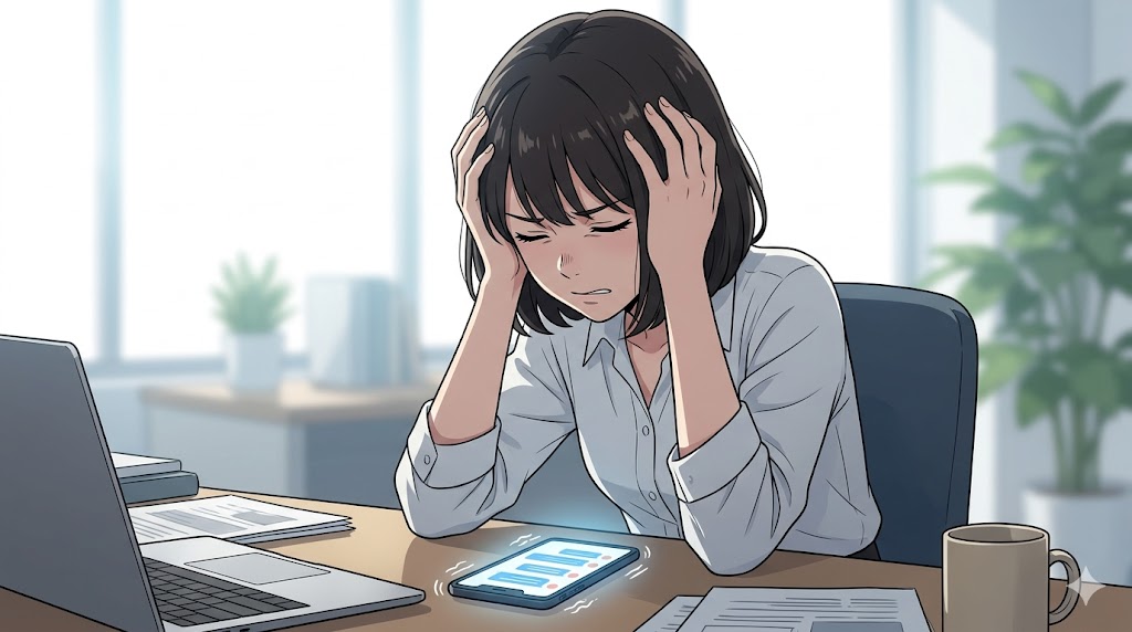 オフィスで、鳴り止まないスマートフォンの通知音に頭を抱え、精神的に消耗した表情を浮かべるアニメ風の日本人女性。心が限界を迎えている様子を表現している
