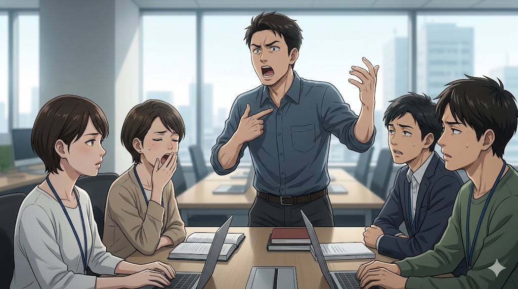 オフィスでの会議中、自己中心的な発言を続ける男性社員と、周囲の日本人同僚が困惑し疲弊するイラスト。共感性の欠如と自己愛的なパーソナリティ