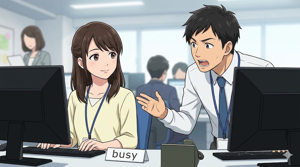 オフィスで仕事に集中しようとする日本人女性と、隣でアピールする男性同僚