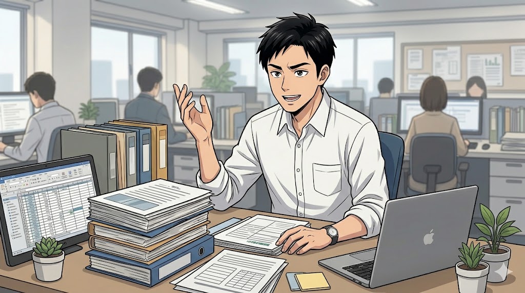 オフィスで多忙さをアピールし、自慢話をするアニメ風の日本人男性