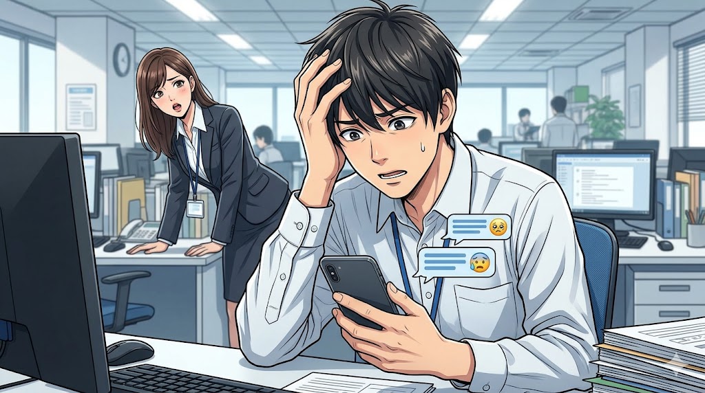 オフィスの自席で、業務チャットツール（SlackやTeamsなど）の通知をスマートフォンで確認し、困惑した表情を浮かべる日本人男性社員