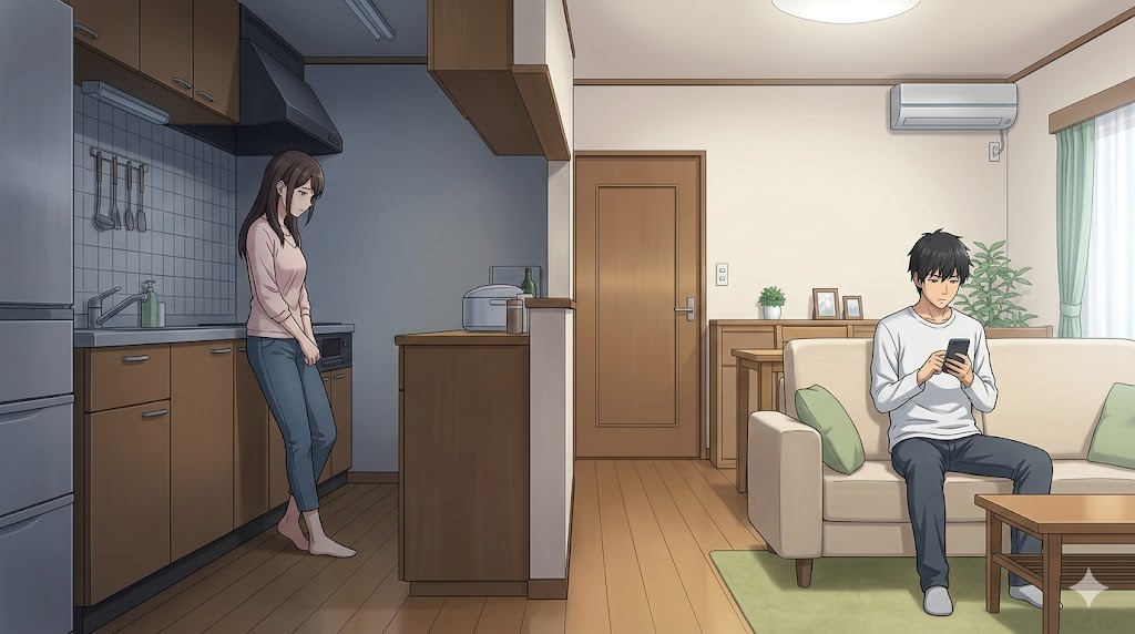 カサンドラ症候群の孤独感を描いたアニメ風イラスト。キッチンで悲しげに立つ妻と、リビングでスマホに夢中の旦那が対照的