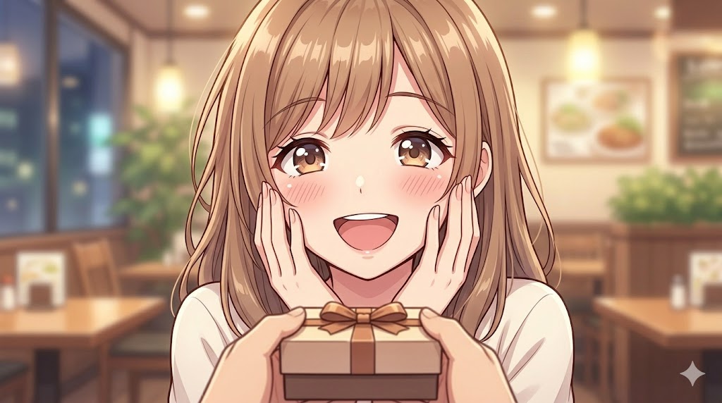 カジュアルなレストランで、予期せぬプレゼントを受け取り、目を輝かせて全力で喜ぶ可愛い日本人女性のアニメイラスト。分かりやすい反応が男性の投資意欲を掻き立てる