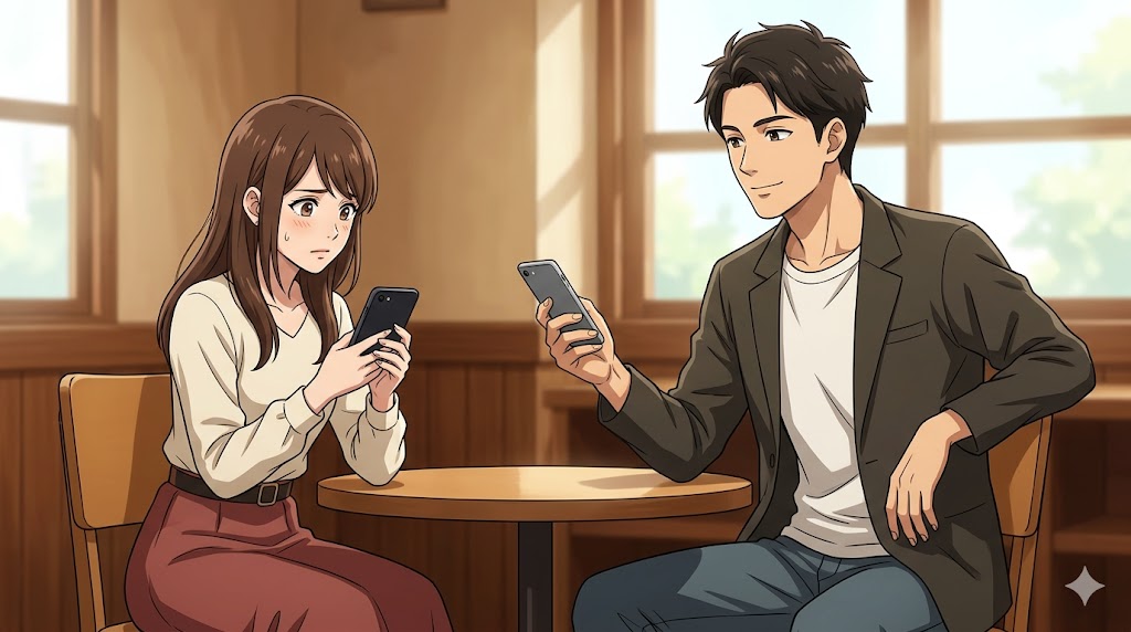 カフェで、日本人男性が意図的にスマートフォンを置いて、対向する日本人女性の反応を冷静に見ているアニメイラスト。女性は男性の反応を気にして不安そうな表情