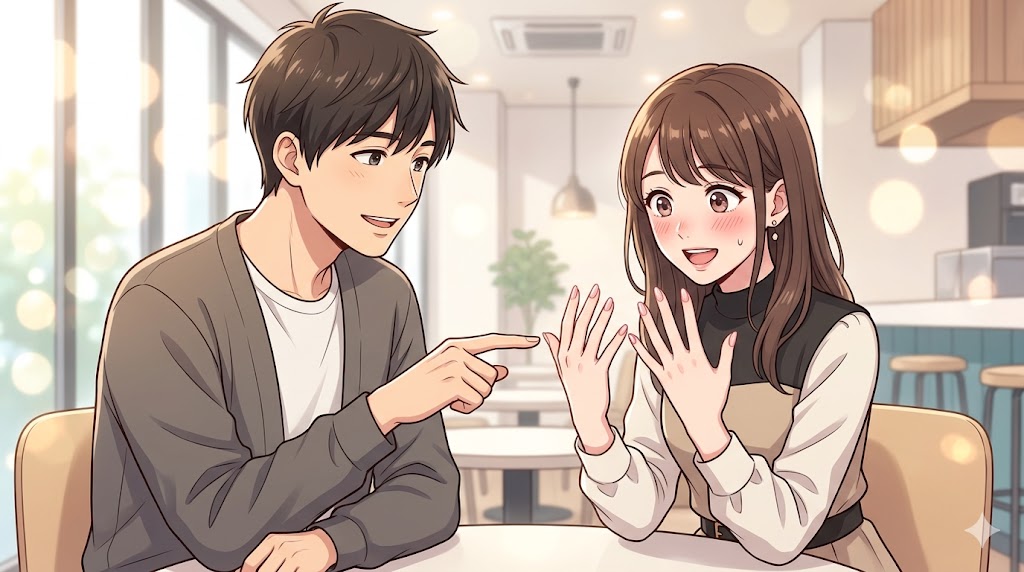 カフェで、日本人男性が日本人女性の指先を見て褒めている様子のアニメイラスト。女性は嬉しそうに照れており、男性が些細な変化に気づいた瞬間