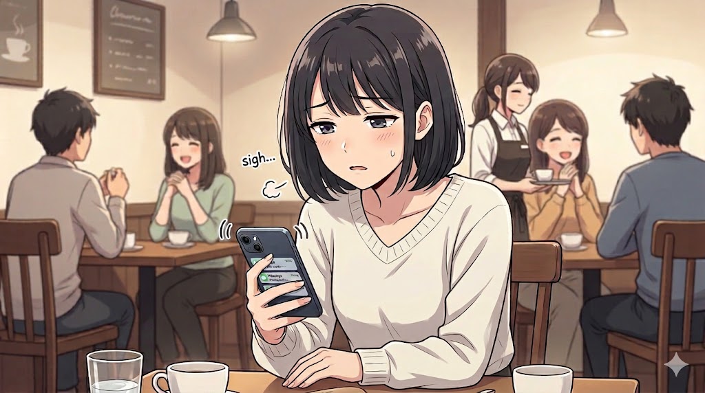 カフェでスマートフォンに大量に届くメッセージ通知を見て疲れ果てた表情を浮かべる日本人女性