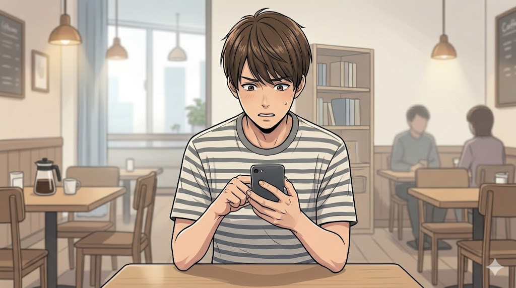 カフェでスマートフォンを凝視し、SNSの反応を待つアニメ風の日本人男性