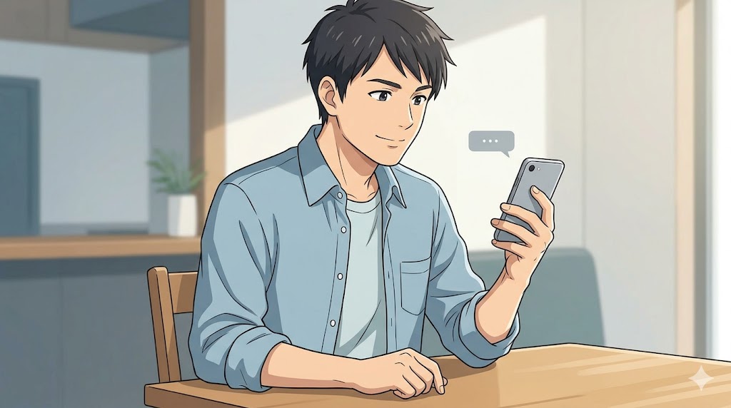 カフェでスマートフォンを手に、冷静で晴れやかな表情を浮かべる男性。LINEの通知をオフにし、かまってちゃんからの連絡をスルーして自分の時間を楽しむ