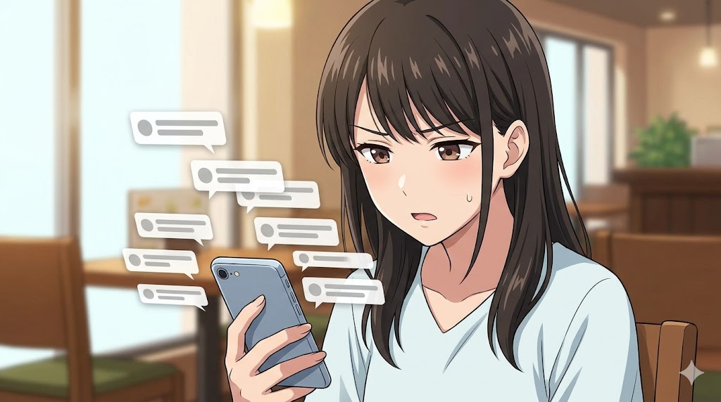カフェでスマートフォンを持ち、大量のメッセージ通知に圧倒され困惑する日本人女性