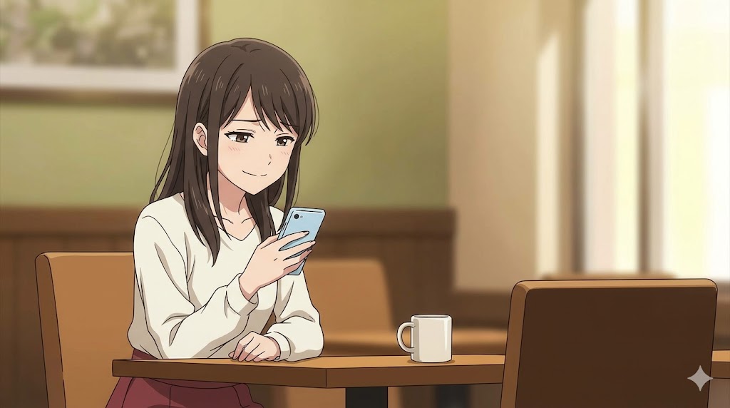 カフェでスマートフォンを操作する日本人女性のアニメイラスト。新着メッセージに少し嬉しそうな表情