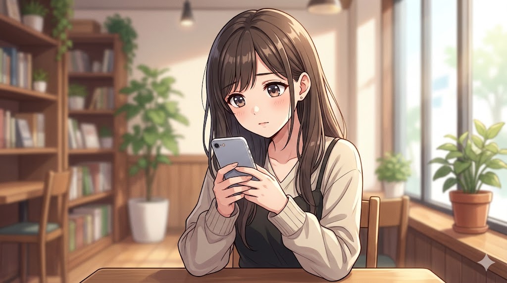 カフェでスマートフォンを見つめ、少し寂しげな表情を浮かべる日本人女性のアニメイラスト。誰かからの反応を待っているような様子