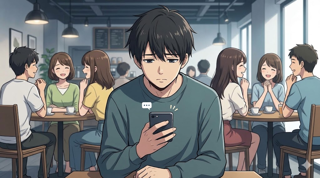 カフェで一人、スマホを見つめて寂しげな表情を浮かべる、自己肯定感が低く他者からの反応を求めているかまってちゃん男性