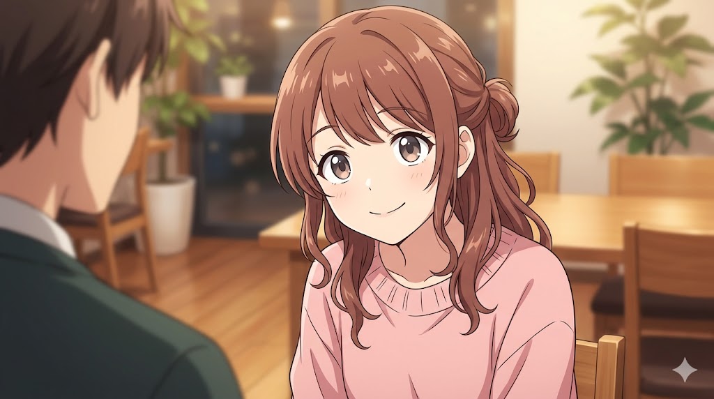 カフェで上目遣いに微笑む、親しみやすい雰囲気の日本人女性のアニメイラスト。かまちょな可愛らしさを表現