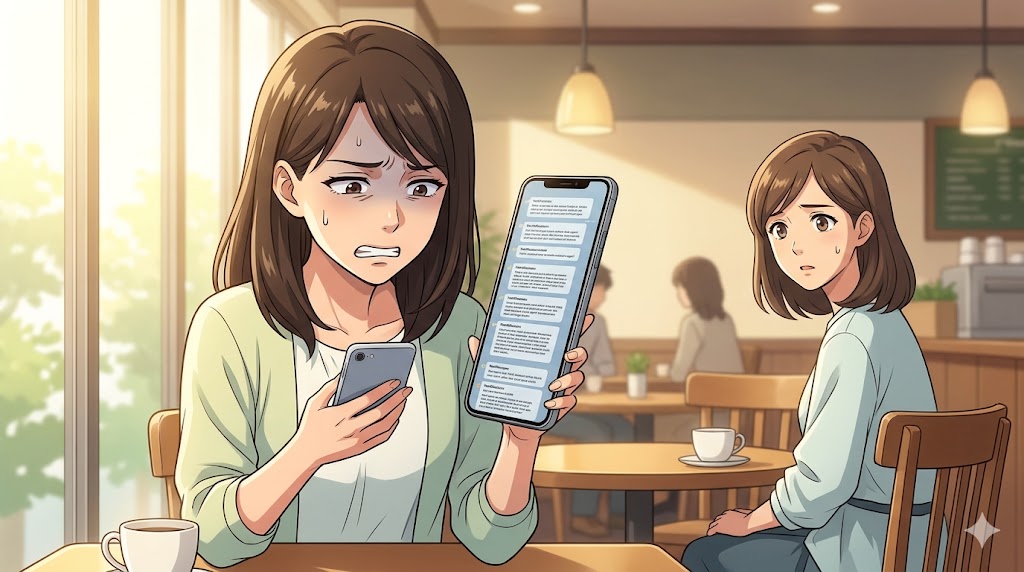 カフェで友人との時間を楽しもうとするが、夫からの大量のLINE通知に困惑し、疲弊した表情を浮かべるアニメ風の日本人妻