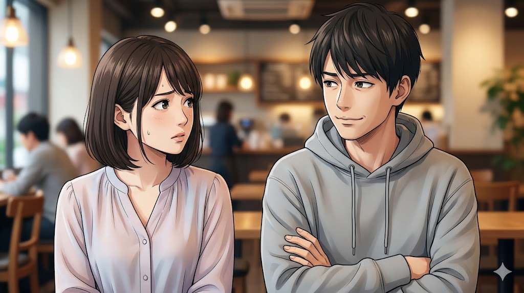 カフェで複雑な表情（操作的）を浮かべる日本人男性と、不安げに見つめる日本人女性（アニメ風）。不安型愛着スタイルの「試し行動」を表現