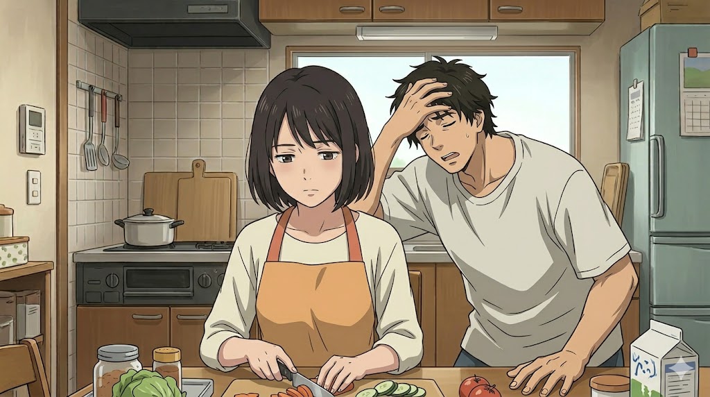キッチンで家事を続ける日本人の妻の後ろで、ソファで大げさに体調不良をアピールする夫と、それを淡々と無視する妻