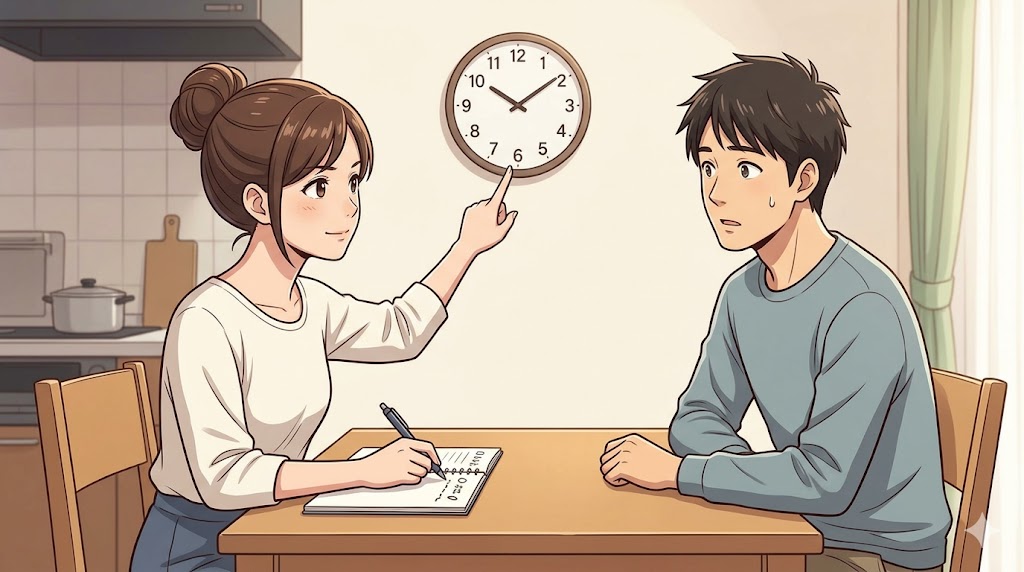 キッチンテーブルで真剣な表情でノートに書き込み、時計を指さして夫にルールを説明するアニメ風の日本人妻。夫は協力的だが少し戸惑っている