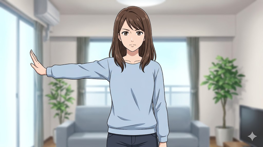 キッパリとした態度で境界線を引く日本人女性のアニメイラスト。心理的境界線の設定を表現