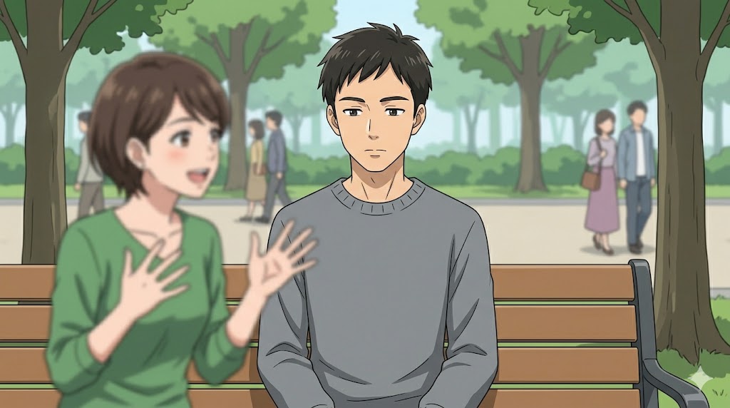 グレーロック法（灰色に岩になる方法）を実践し、周囲の感情的な女性同僚（右）の言動に対して無表情で淡々と過ごす日本人男性社員（左）のアニメイラスト。相手に報酬を与えないドライな対応を表現