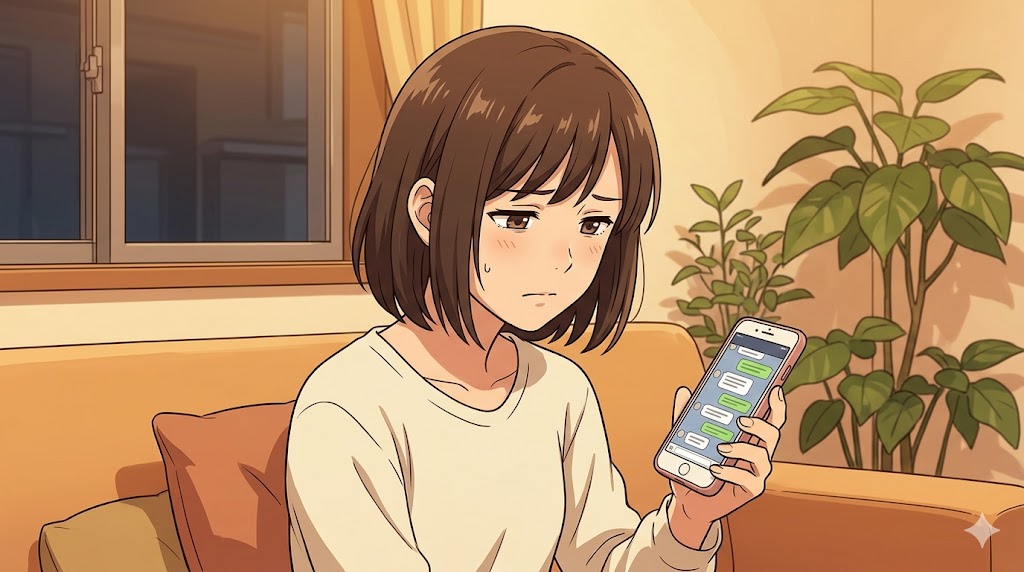 スマホの大量の通知を見て困惑する日本人女性のアニメイラスト。かまってちゃん彼氏への疲れを表現