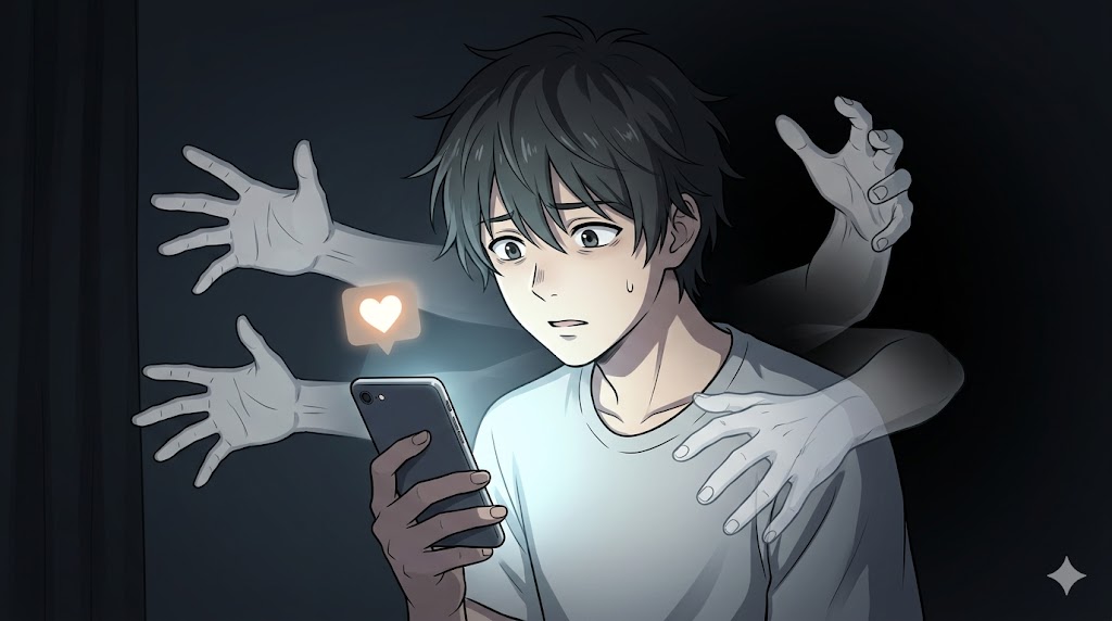 スマホの画面を見つめる日本人男性のアニメイラスト。彼の背後から無数の半透明の手が伸びており、底なしの承認欲求を象徴している