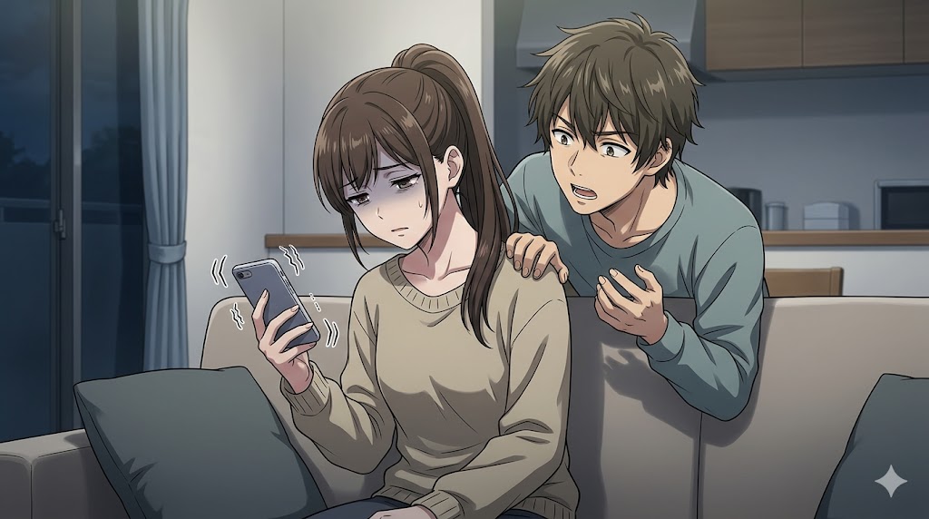 スマホの通知に疲れ果て、背後から彼氏に甘えられて精神的にしんどいと感じている日本人女性