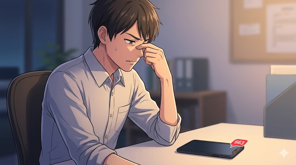 スマホをデスクに置き、顔を伏せて疲れた表情を浮かべる日本人の男性。スマホの画面は点灯しており、多数の通知が溜まっている様子。彼女からの過剰な連絡に負担を感じている男性