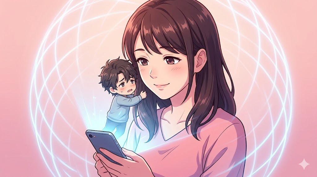 スマホを優しく見つめる共感力が高い日本人女性のアニメイラスト。彼女のスマホからは小さな男が clinging している