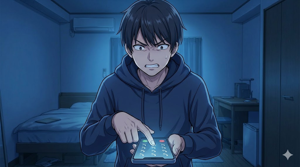 スマホを執拗に操作し、何度も電話をかけようとする怒った日本人男性のアニメイラスト。無視された時の危険な反応を表現