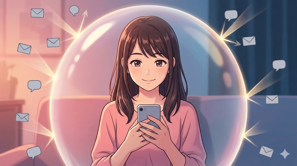 スマホを手に持ち、穏やかに微笑む日本人女性のアニメイラスト。彼女の周囲には光るバリアが形成されており、不要な通知を弾いている