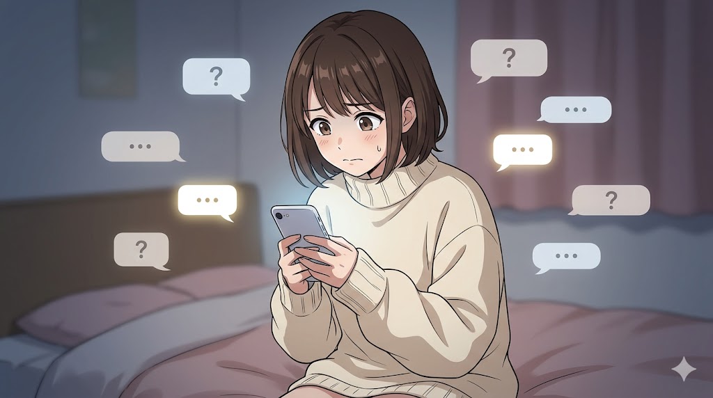 スマホを握りしめて不安げな表情を浮かべる、ニットを着た日本人の彼女。彼女の周囲には、返信を待ちわびる心情を表現