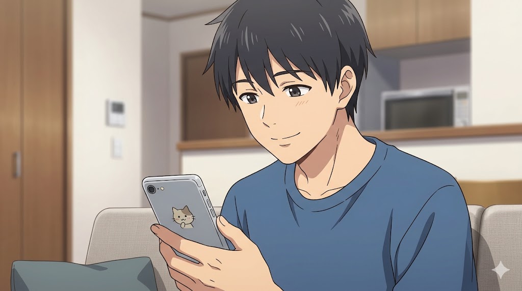 スマホを見て嬉しそうに微笑む日本人の男性。彼の視線の先にあるスマホ画面には、可愛らしい動物のスタンプが表示されている。男性が彼女からの甘えに癒されている