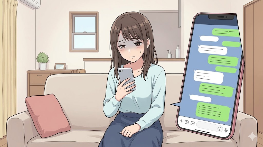 スマホを見て疲れた表情の女性のアニメイラスト。かまってちゃんの男友達からの連絡に悩む様子