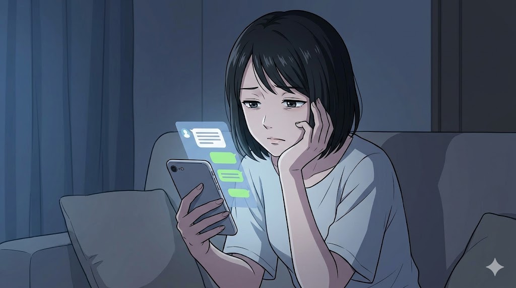 スマートフォンのLINE通知画面を見て、ため息をつく気疲れした様子の日本人女性