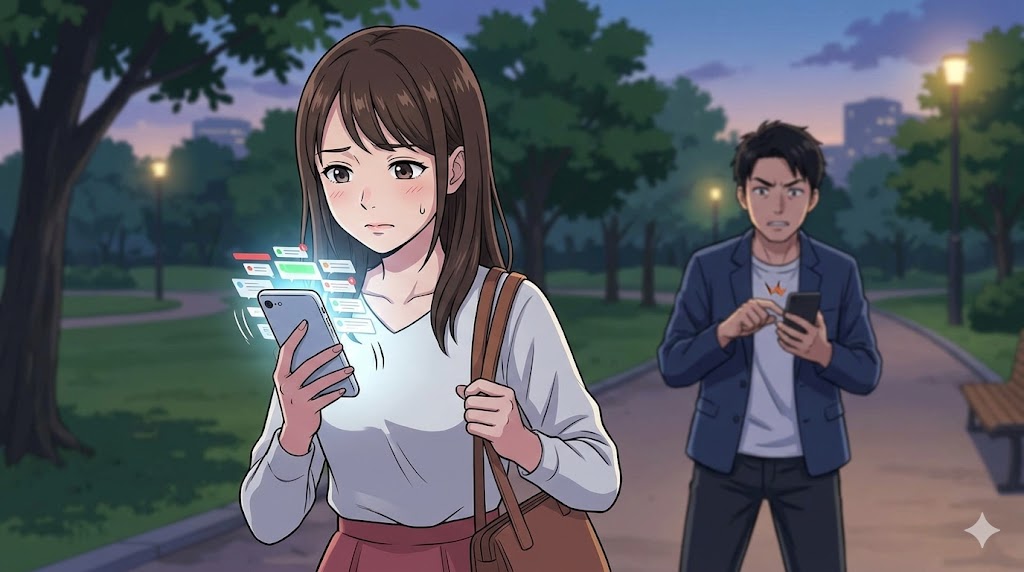 スマートフォンの通知。慌ただしくメッセージを送信する男性と、困惑する女性