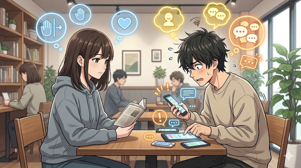 スマートフォンの通知に敏感に反応し続ける日本人男性と、自分のペースを守ろうとする女性